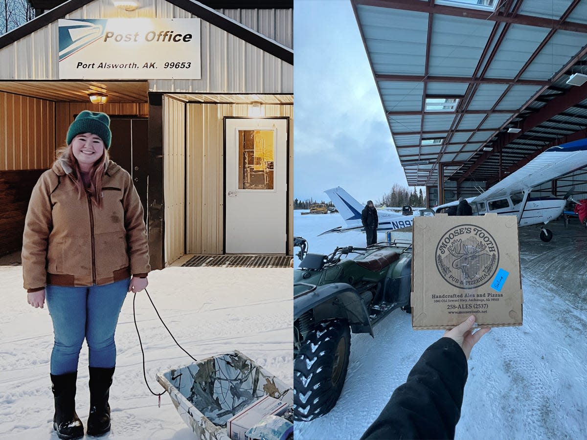 salina standing outside the post office and salina holding a bag of takeout in front of the planes