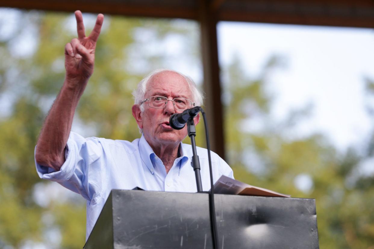 Sen. Bernie Sanders, I-Vt., speaks during a town hall, Friday, Aug. 27, 2021 at the Tippecanoe County Amphitheater Park in West Lafayette.