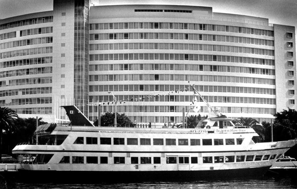 The spirit of Miami Beach docked in front of the Fontainebleau Hotel in 1987.