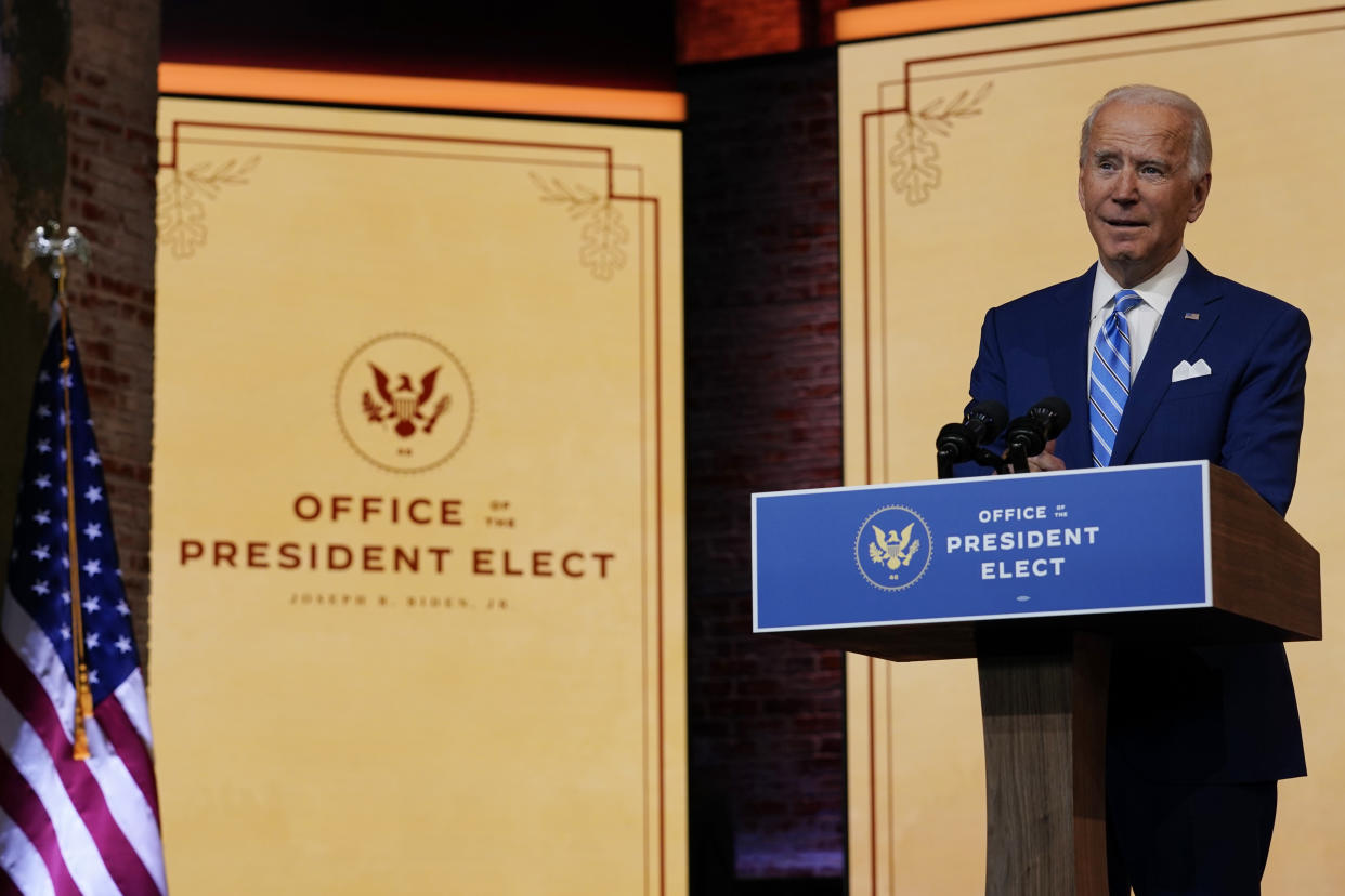 President-elect Joe Biden speaks at The Queen theater, Wednesday, Nov. 25, 2020, in Wilmington, Del. (AP Photo/Carolyn Kaster)