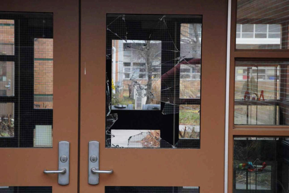 A handout crime scene evidence photo provided by the Connecticut State Police showing a door of the Sandy Hook Elementary School damaged in the Dec. 14, 2012, shooting rampage, taken on an unspecified date in Newtown, Conn. (Photo: Connecticut State Police via Getty Images)