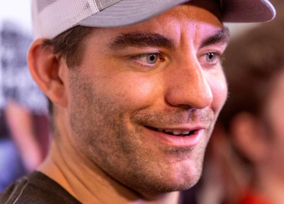 The Carolina Hurricanes Jordan Martinook talks with the media on Friday, May 26, 2023 at PNC Arena in Raleigh, N.C