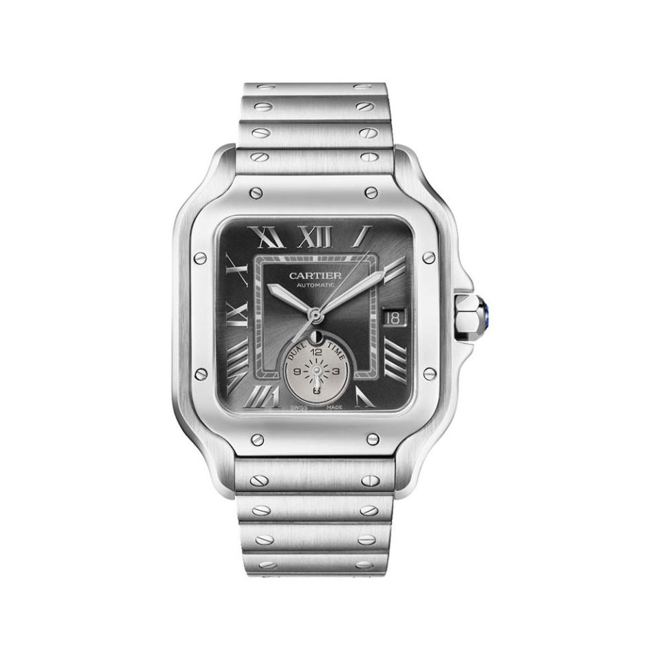 Tonal gray hues create an elegant look for the new Santos de Cartier Dual Time in steel; price upon request, at Cartier, Beverly Hills