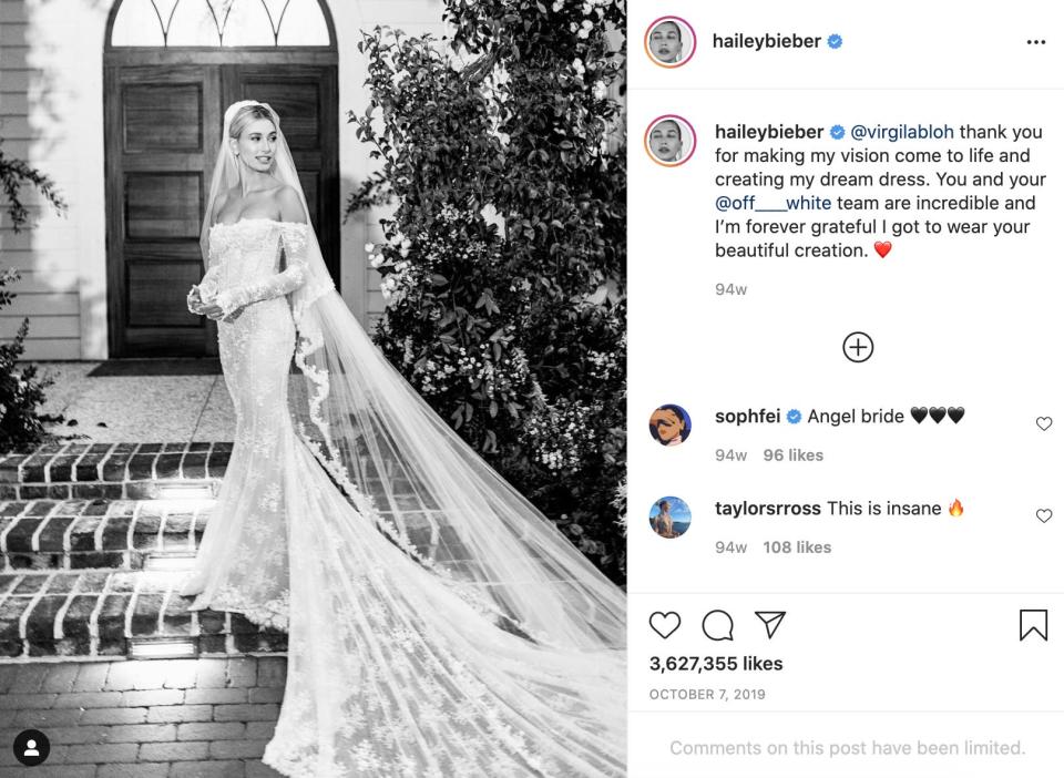 Hailey Bieber wore an Off-White wedding dress.