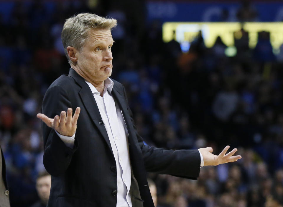 Warriors coach Steve Kerr is getting his jabs in against President Donald Trump at every opportunity. (AP)