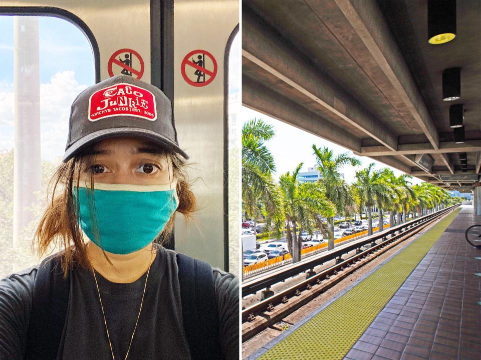 The author, masked, on a train (L) A view of the Coconut Grove elevated train platform with palm tress on the left (R)