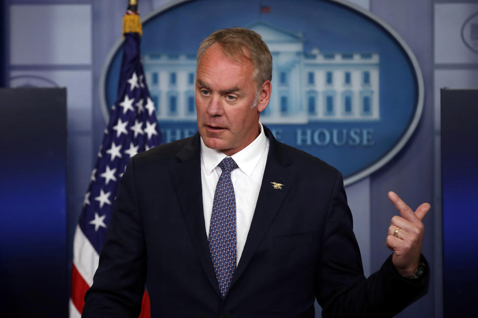 Secretary of the Interior Ryan Zinke speaks during a daily press briefing at the White House in Washington, U.S., April 3, 2017. REUTERS/Carlos Barria