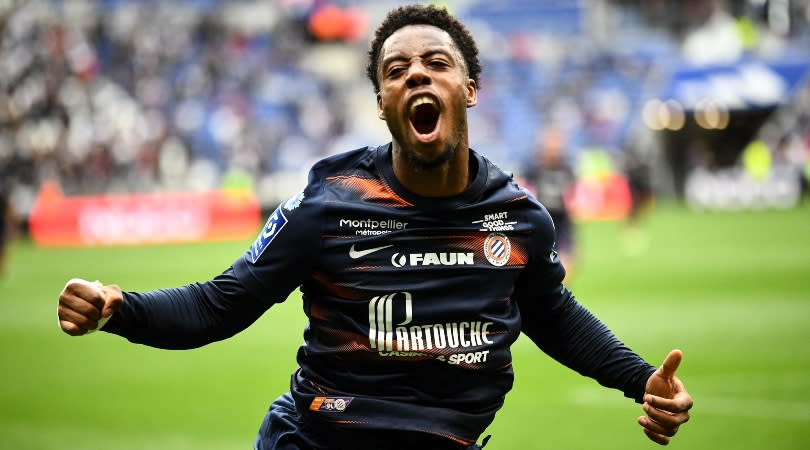  Montpellier's Elye Wahi celebrates after scoring against Lyon in May 2023. 