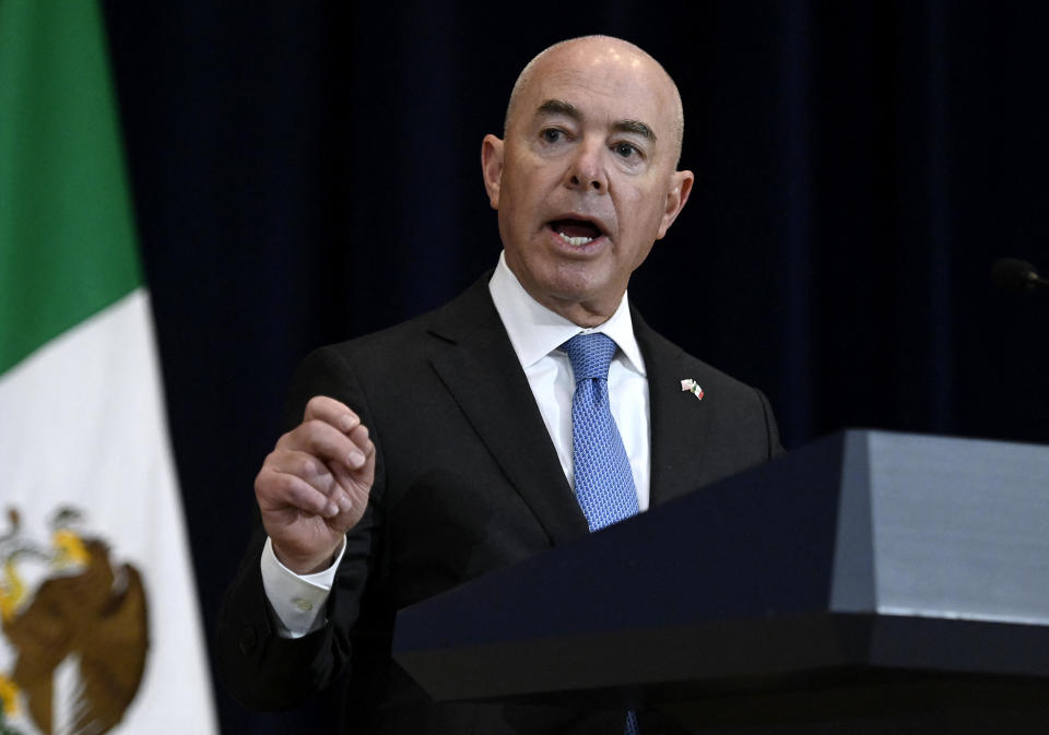 Homeland Security Secretary Alejandro Mayorkas speaks at the State Department in Washington, D.C., on Oct. 13, 2022. / Credit: OLIVIER DOULIERY/AFP via Getty Images