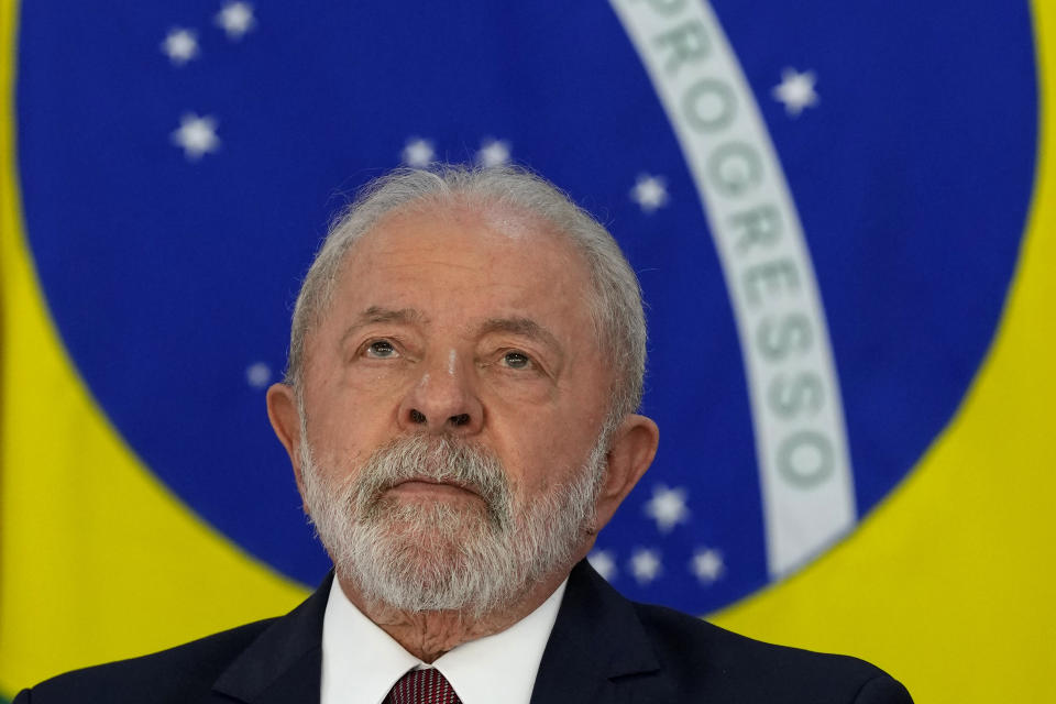 Brazil's President Luiz Inacio Lula da Silva attends a meeting regarding school security, at the Planalto Palace in Brasilia, Brazil, Tuesday, April 18, 2023. Educators, government security officials and school administrators have gathered to devise plans to deal with a wave of school violence that has left at least 4 children and one teacher dead. (AP Photo/Eraldo Peres)