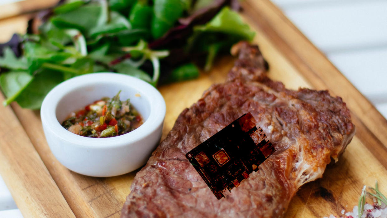  Raspberry Pi 4 seared into a piece of steak. 