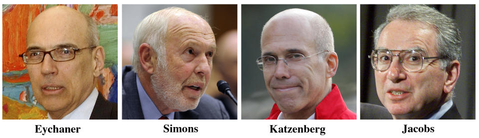 FILE - This combo image of file photos shows 4 of the 5 biggest Democrat presidential campaign donors, from left, Fred Eychaner, founder of Chicago-based alternative-newspaper publisher Newsweb Corp.; James Simons, a New York philanthropist, investor and founder of Renaissance Technologies; Jeffrey Katzenberg, Hollywood film producer and chief executive of DreamWorks Animation; and Irwin Jacobs, the founder and former chairman of Qualcomm. (AP Photo/File)