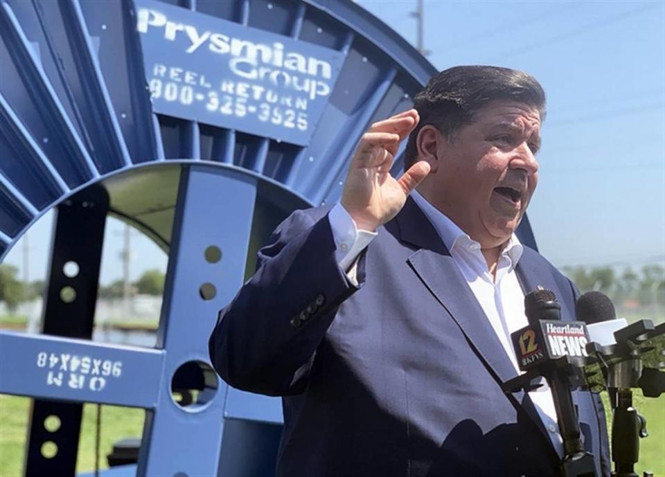 Gov. JB Pritzker takes questions at a Prysmian Group manufacturing facility in Du Quoin on Thursday. The company will receive approximately $17.7 million in tax incentives from a state grant program as a result of its $64 million expansion that will lead to 80 new jobs at its Du Quoin plant.