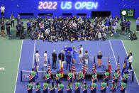 Carlos Alcaraz, of Spain, speaks after defeating Casper Ruud, of Norway, to win the men's singles final of the U.S. Open tennis championships, Sunday, Sept. 11, 2022, in New York. (AP Photo/Mary Altaffer)
