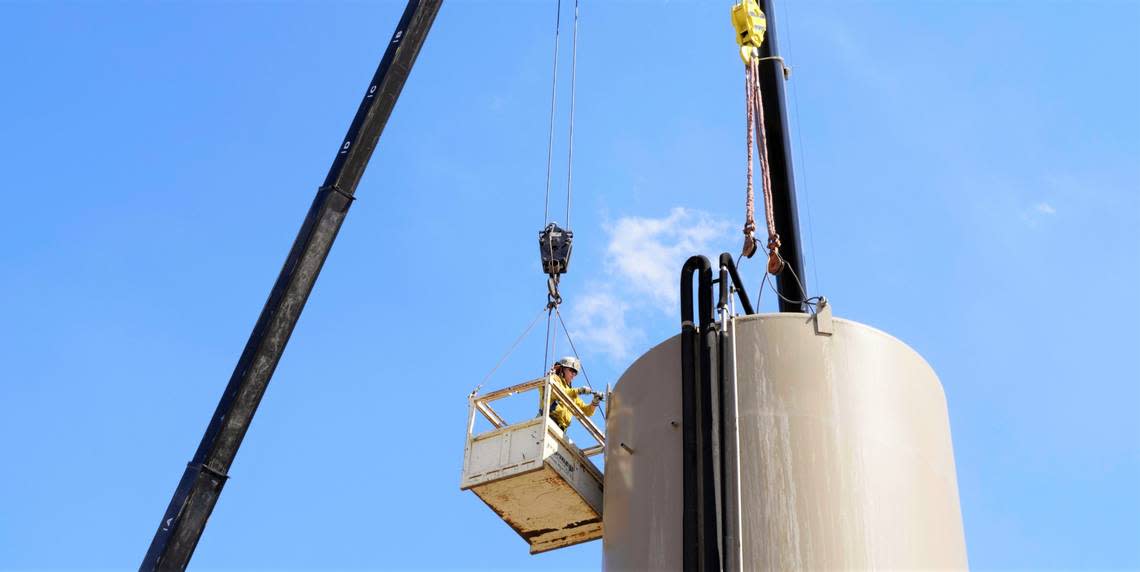 The Hilmar Cheese Factory donated a 30,000 silo to the Merced County Fire Department on Tuesday, Sept. 20, 2022. The 42 feet-tall silo will be used to simulate real-life emergency scenarios involving agricultural and food processing equipment.
