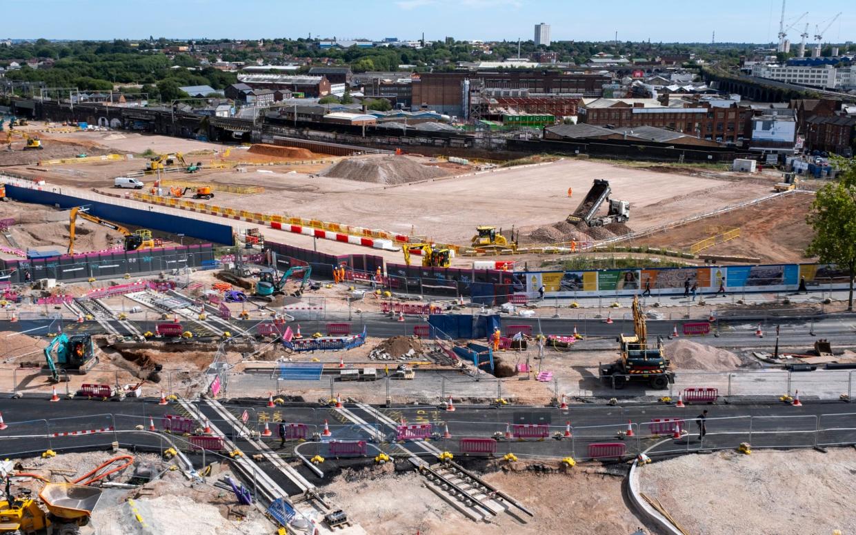 Construction site as supports for the incoming raised tracks take shape near the HS2 mainline station at Curzon Street on 13th August 2024 in Birmingham