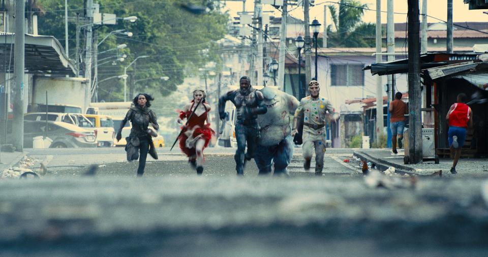 Ratcatcher 2 (Daniela Melchior, far left), Harley Quinn (Margot Robbie), Bloodsport (Idris Elba), King Shark (voiced by Sylvester Stallone) and Polka-Dot Man (David Dastmalchian) run into some trouble in "The Suicide Squad."