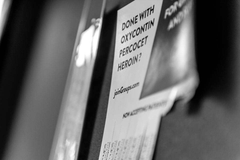 <p>A posting hangs from a bulletin board with contacts for drug counseling at Groups in Middletown, Ohio.<br> (Photograph by Mary F. Calvert for Yahoo News) </p>