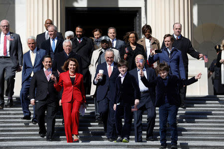 House Minority Leader Nancy Pelosi and Senate Minority Leader Chuck Schumer arrive for an event marking the seventh anniversary of the passing of the Affordable Care Act outside the Capitol Building in Washington, U.S., March 22, 2017. REUTERS/Aaron P. Bernstein