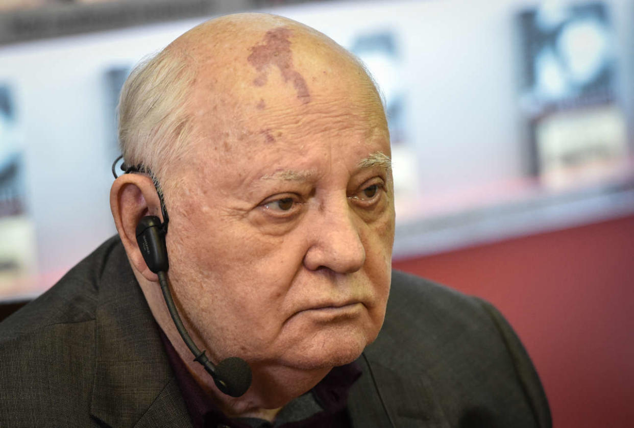 Former head of the USSR Mikhail Gorbachev speaks during the presentation of his book 