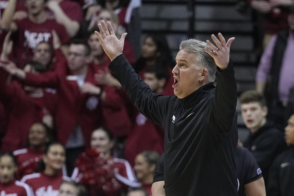 Purdue head coach Matt Painter argues a call during the second of an NCAA college basketball game against Indiana, Saturday, Feb. 4, 2023, in Bloomington, Ind. (AP Photo/Darron Cummings)