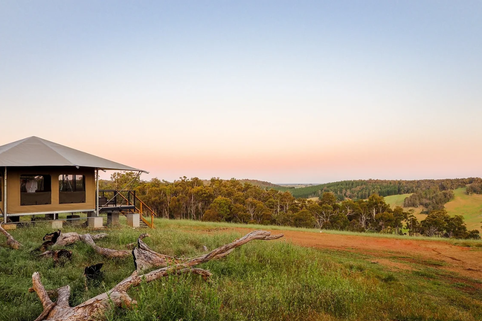 Breathtaking views await at Serenity Gully’s luxuriously appointed, eco glamping tents, nestled high in the hills above heritage-listed Bridgetown. Photo Credit: Serenity Gully