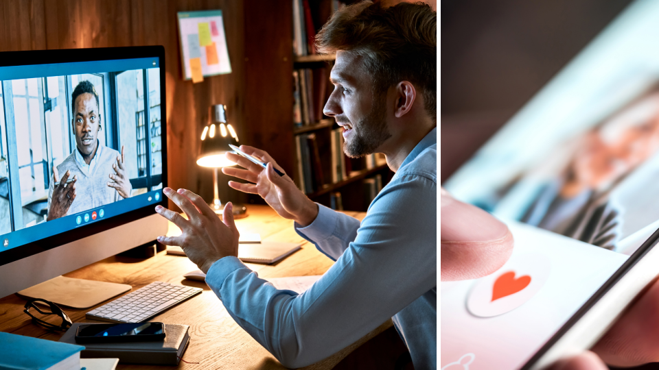 Two men speak over a video call and a thumb 'liking' the image of a girl on a phone.