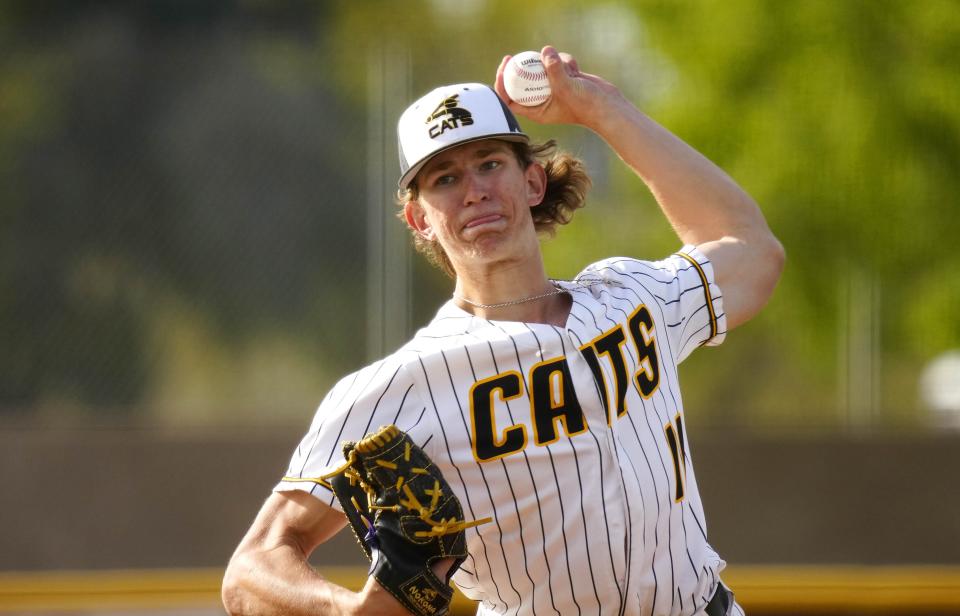 Saguaro pitcher Cam Caminiti pitches against Deer Valley during a baseball game at Saguaro High School in Scottsdale on March 6, 2024.