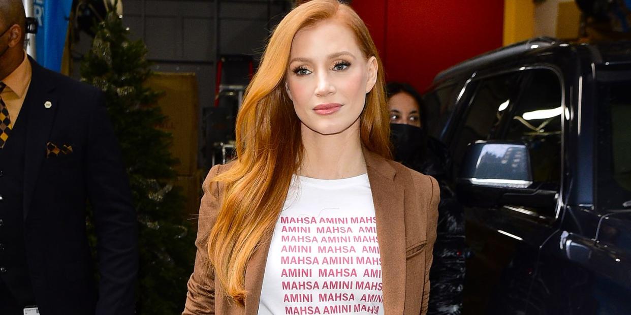 jessica chastain wears mahsa amini tshirt