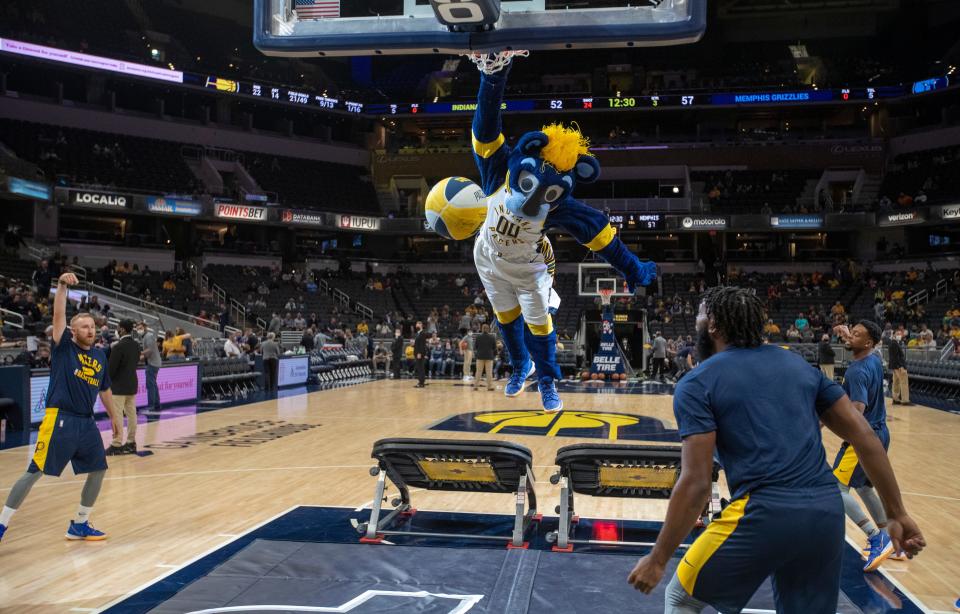 Pacers mascot Boomer entertains at halftime Wednesday, Oct. 13, 2021, at Gainbridge Fieldhouse. The Pacers beat Memphis 109-107. 