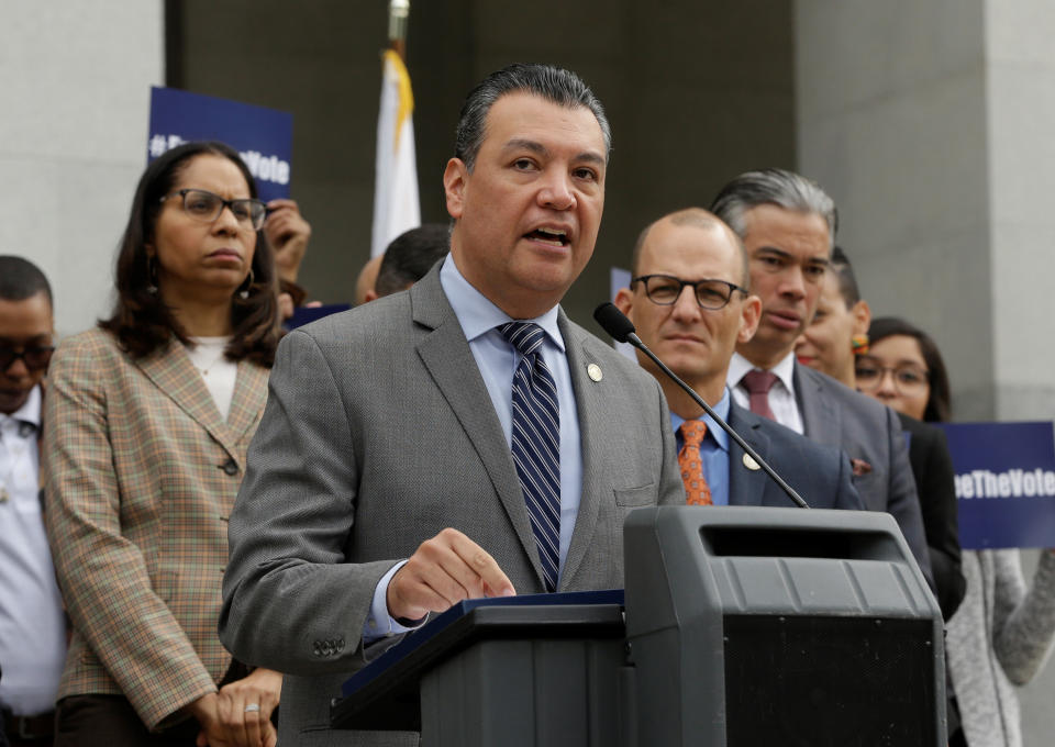 FILE - California Secretary of State Alex Padilla talks during a news conference Monday, Jan. 28, 2019, at the Capitol in Sacramento, Calif. “It is appalling that Congress has not provided the needed resources for state and local elections officials during the COVID-19 pandemic,” said Padilla. “Elections officials’ ability to fill the gap is nearly impossible given the already strained state and local government budgets.”(AP Photo/Rich Pedroncelli, File)