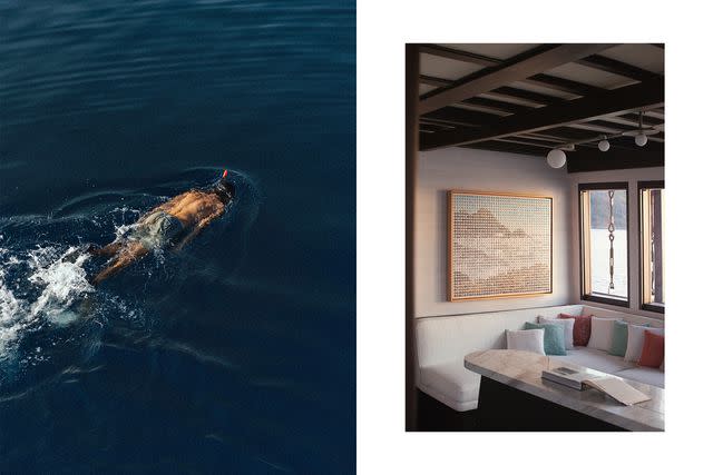 <p>From left: Emilio Kuzma-Floyd/Courtesy of Vela; Tommaso Riva/Courtesy of Vela</p> From left: A guest snorkels in the waters of Batu Moncho Bay; a work by Javanese artist Dini Nur Aghnia inside Vela's lounge.