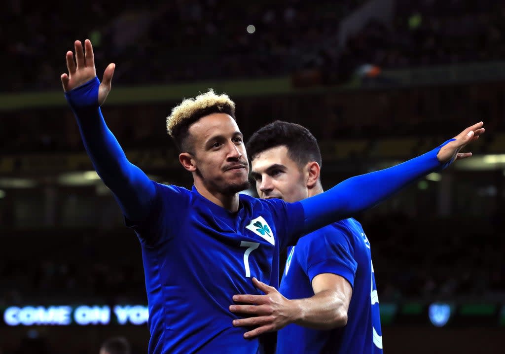 Republic of Ireland striker Callum Robinson, left, scored a hat-trick in a 4-0 friendly win over Qatar (Donall Farmer/PA) (PA Wire)