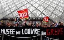 Striking workers block entry to Louvre Museum in Paris