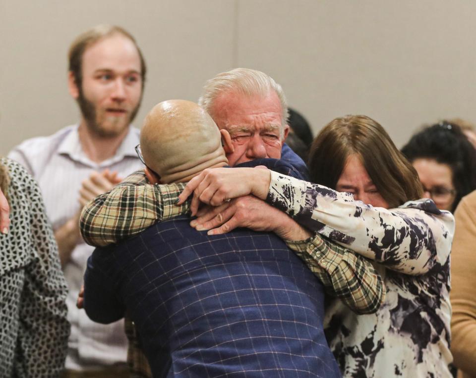 Andrew Krivak, embraces his father, Andrew Krivak Sr., after a jury acquitted him for the rape and murder of 12-year-old Josette Wright in Putnam Court on Feb. 27.