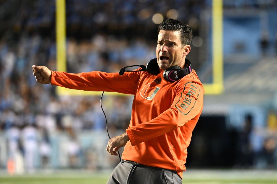 Oct 16, 2021; Chapel Hill, North Carolina, USA;  Miami Hurricanes head coach Manny Diaz reacts in the fourth quarter at Kenan Memorial Stadium. Mandatory Credit: Bob Donnan-USA TODAY Sports