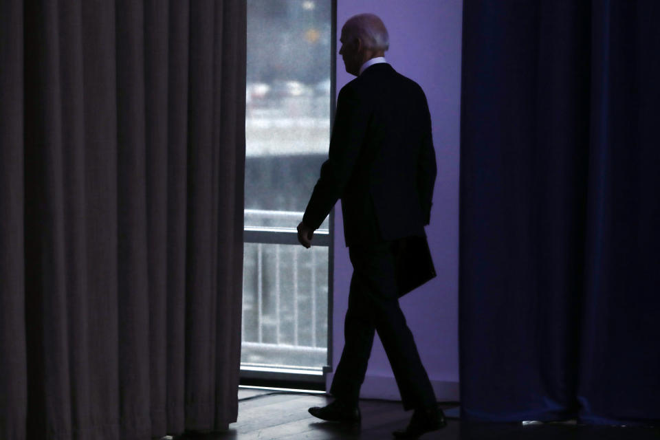 Democratic presidential candidate former Vice President Joe Biden leaves after making a foreign policy statement, in New York, Tuesday, Jan. 7, 2020. (AP Photo/Richard Drew)