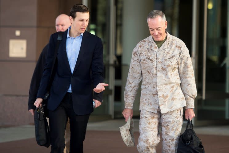 Jared Kushner, left, speaks with Marine Corps Gen. Joseph F. Dunford Jr., chairman of the Joint Chiefs of Staff, before departing for Iraq from Ramstein Air Base, Germany, April 3, 2017. (Photo: DoD/Handout via Reuters)