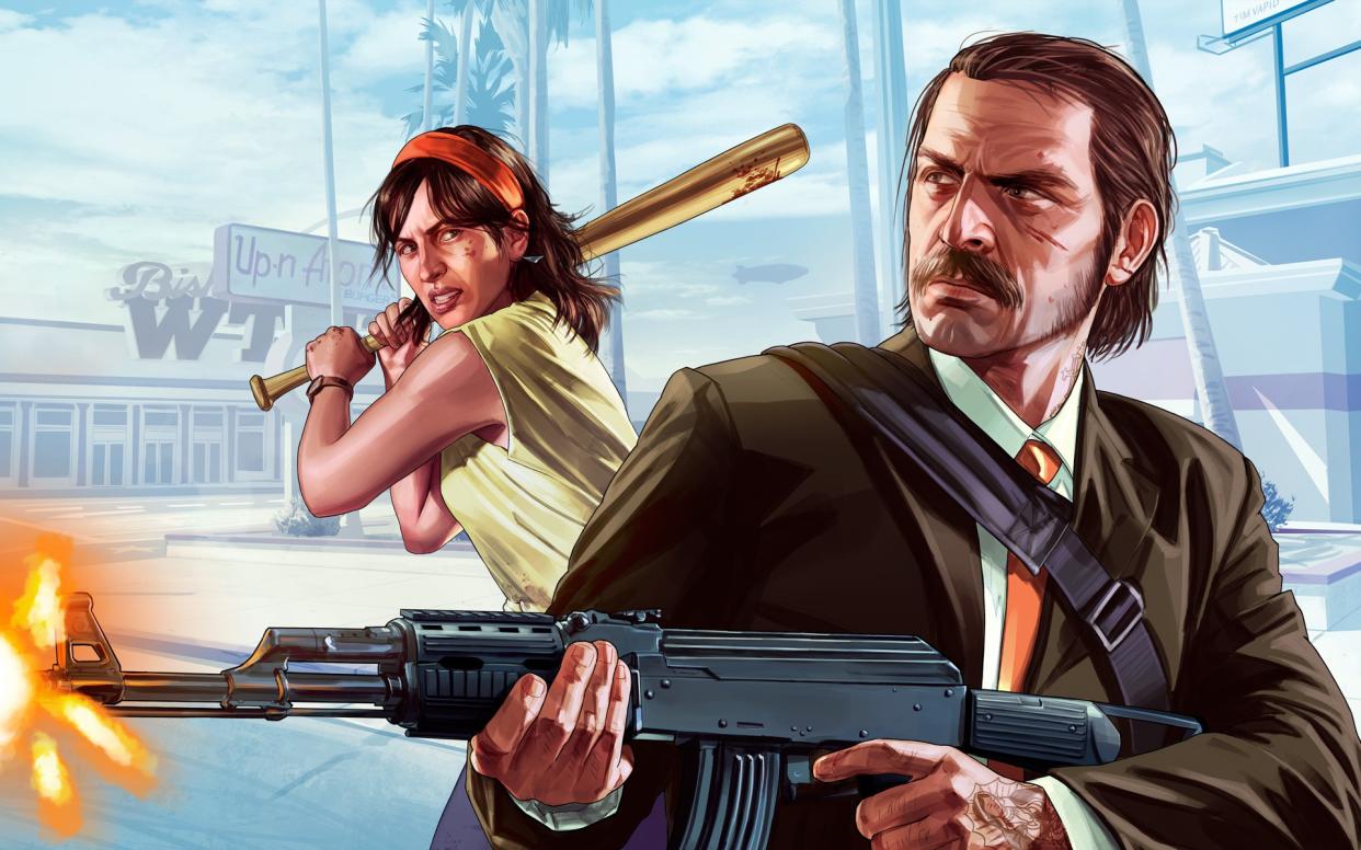  Games like GTA: A man holding a gun and woman holding a bat in key art for Grand Theft Auto. . 