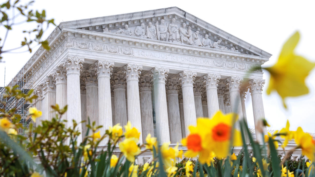 The portico of the Supreme Court behind a bed of jonquils.