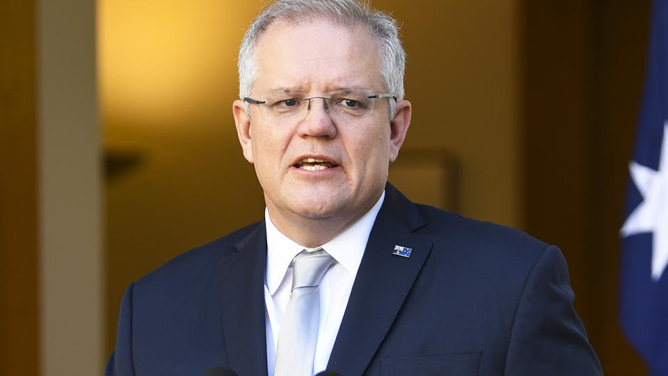 Scott Morrison, pictured here speaking to the media during a press conference at Parliament House in Canberra.