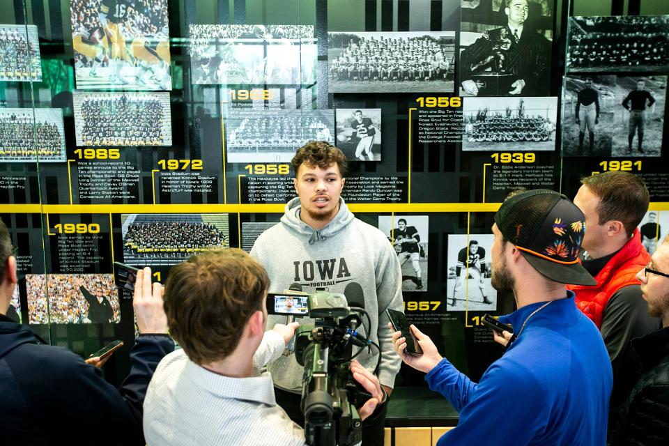 Iowa tight end Erick All speaks with reporters, Thursday, March 2, 2023, at the Hansen Football Performance Center in Iowa City, Iowa.<br>230302 Ia Football 021 Jpg