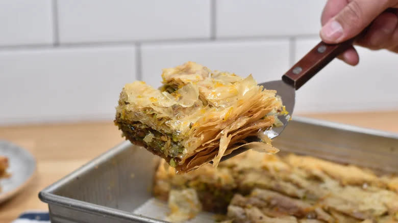 Baklava on spatula 