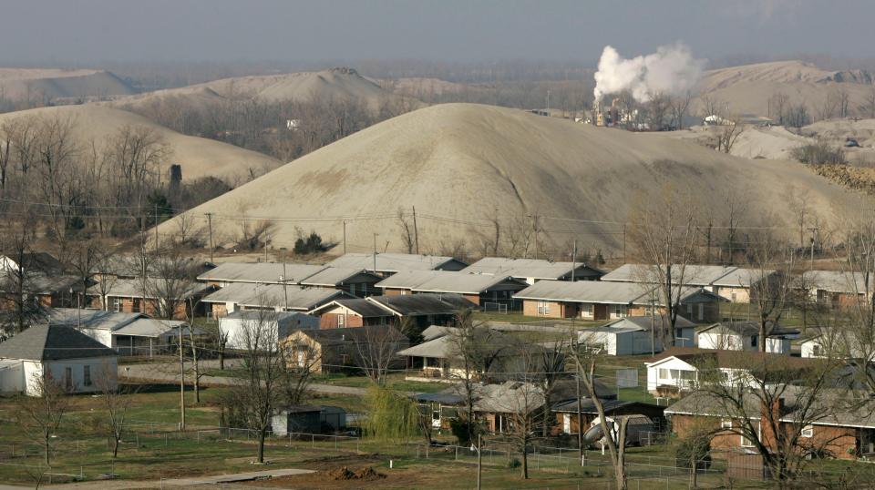 Upstream from Grand Lake is the Tar Creek Superfund site, an abandoned lead and zinc mining operation that left behind toxic heavy metals, pictured in 2008 near Picher. The Local Environmental Action Demanded (LEAD) Agency says the entire watershed is at risk from the long-abandoned mining operations.