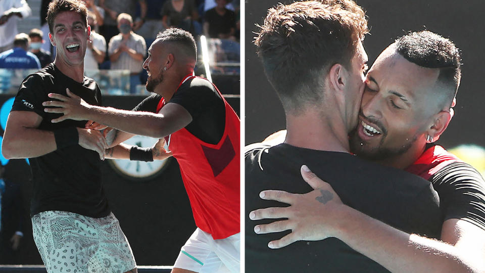 Nick Kyrgios and Thanasi Kokkinakis are through to the mens doubles final at the Australian Open, where they'll face fellow Aussies Max Purcell and Matthew Ebden. Pictures: Getty Images