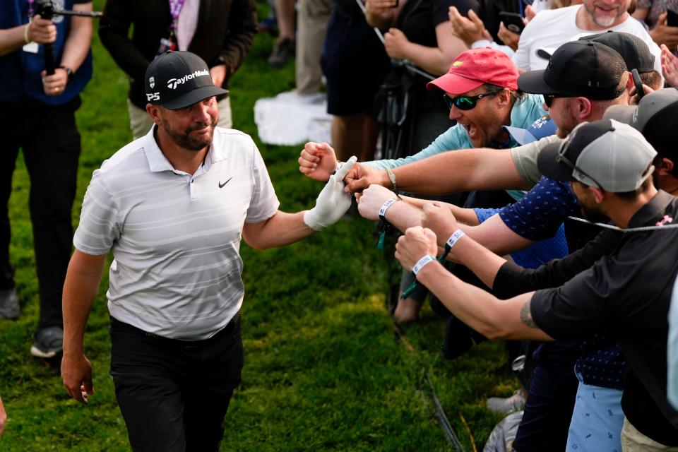 Michael Block greets fans on the 18th hole during the final round of the PGA Championship golf tournament at Oak Hill Country Club on Sunday, May 21, 2023, in Pittsford, NY (AP Photo/Seth Wenig)