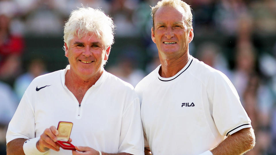 Paul McNamee and Peter McNamara during the legends doubles at Wimbledon in 2006.  (Photo by Daniel Berehulak/Getty Images)