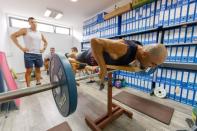 Croatia rowers Martin Sinkovic and Valent Sinkovic are seen during practice in improvised gym in hotel Alkar for the Tokyo 2020 Olympics in Sinj