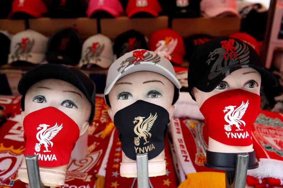 Football-themed face masks at a Liverpool market