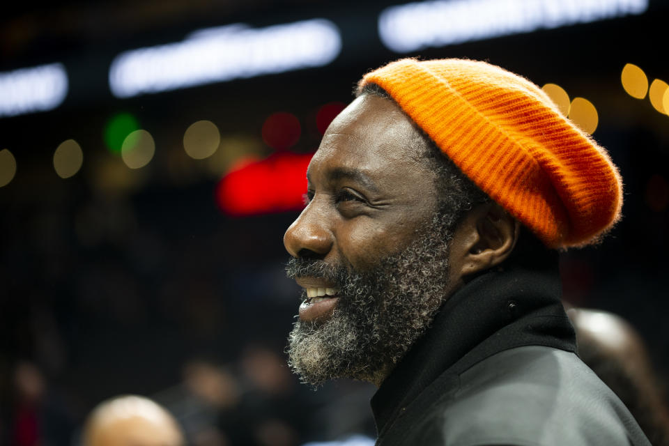 ATLANTA, GA - NOVEMBER 23: Idris Elba attends the game between the Atlanta Hawks and the Toronto Raptors at State Farm Arena on November 23, 2019 in Atlanta, Georgia. NOTE TO USER: User expressly acknowledges and agrees that, by downloading and or using this photograph, User is consenting to the terms and conditions of the Getty Images License Agreement. (Photo by Carmen Mandato/Getty Images)